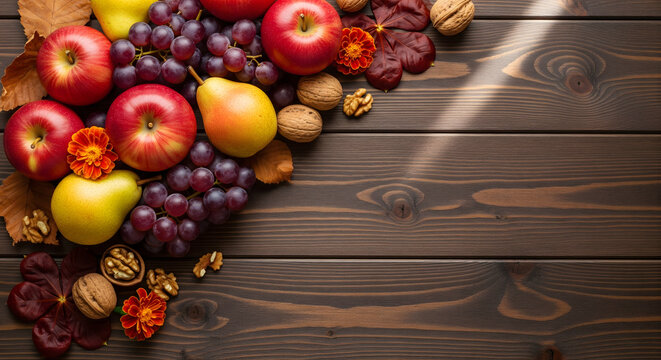 Autumn Harvest Corner Frame with Apples, Grapes, and Walnuts on Wood - Powered by Adobe
