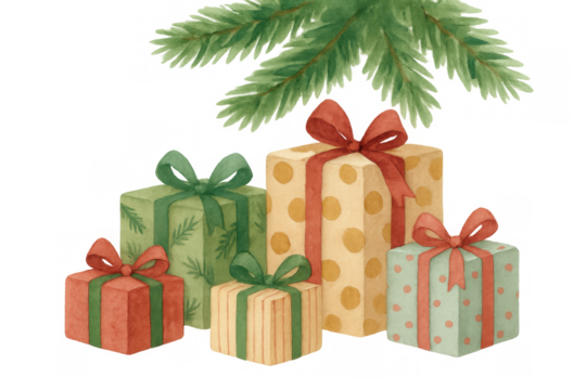 Watercolor christmas presents under a pine branch. Holiday gift boxes with ribbons, isolated on transparent background