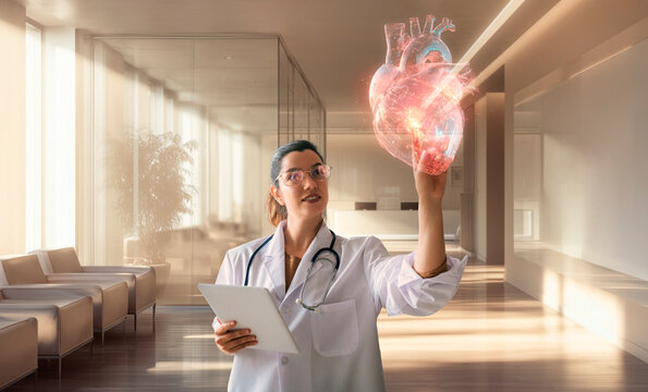 Doctor interacting with holographic heart model using smart technology