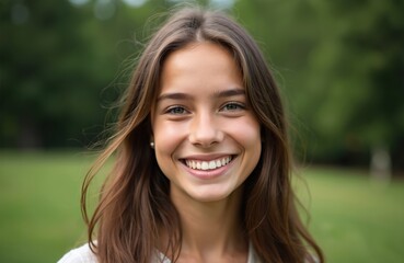 Young woman smiles happily at camera. Brown hair frames cheerful face. Enjoys fresh air outdoors in green park. Beautiful girl shows genuine joy, looking at viewer, expressing positive, carefree