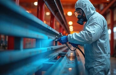 Worker in hazmat suit and gas mask sprays blue paint onto metal structure. Pro industrial painting job for anti corrosion protection. Construction, manufacturing, safety.