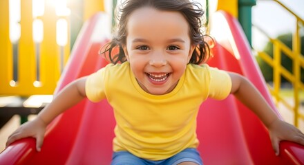 Joyful Little Girl Sliding on Playground Slide