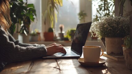 Modern young woman working on laptop in cozy home office with plants and coffee mug natural light minimalist setup