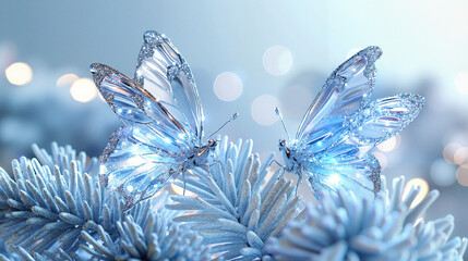 Crystal butterflies on frosty pine branches with glowing winter lights