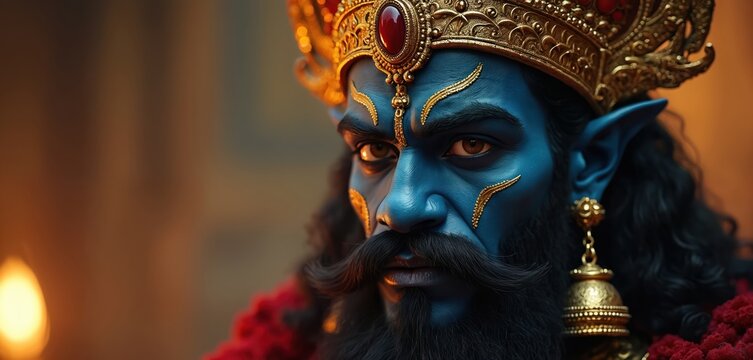 Blue skinned mythological demon king with golden crown, ornate jewelry. Intense gaze from ancient Indian deity face. Dark beard, mustache, gold markings. Powerful spiritual figure from Hindu
