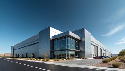 Modern industrial building exterior with sleek design. Architecture features large windows, clean facade. Cars parked nearby. Photo shows commercial construction with bright daylight, clear blue sky.