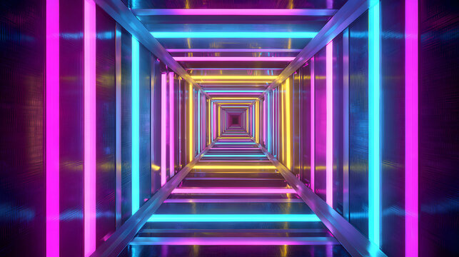 Enter the vibrant neon tunnel for a dynamic futuristic travel experience, perfect for modern tech, gaming, or sci-fi visuals, with glowing vibrant colors