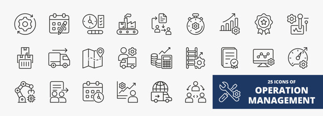 set of A collection of operation management icons suitable for web and mobile application. Set of outline style icons with process, planning, control, distribution, logistics, and more icons.