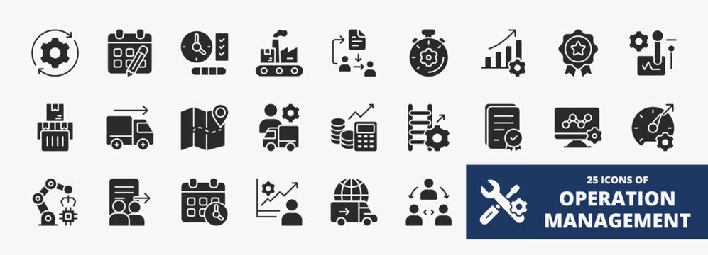 set of A collection of operation management icons suitable for web and mobile application. Set of glyph style icons with process, planning, control, distribution, logistics, and more icons.