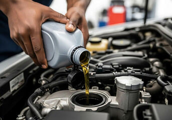 Pouring oil into a car engine during maintenance