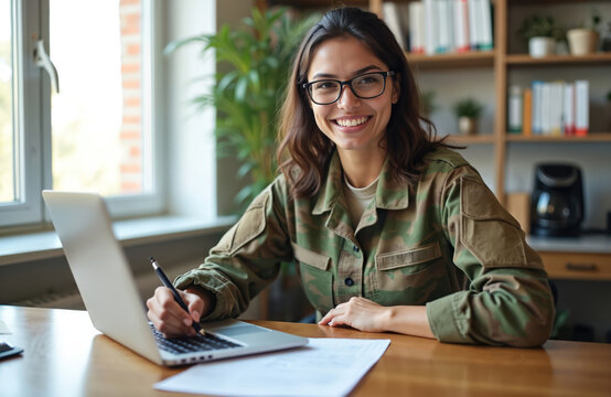 Young Latin woman army soldier works in home office. Smiles at camera, writing documents, using laptop. Military female student wears uniform, admin tasks, online study. Confident professional
