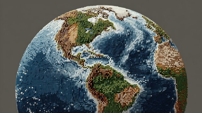 digital pixel art earth globe with blocky continents and oceans in retro gaming style
