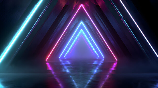 Step into the future with this vibrant neon triangle portal background, perfect for modern technology, gaming, or music visuals with an awesome glowing effect.