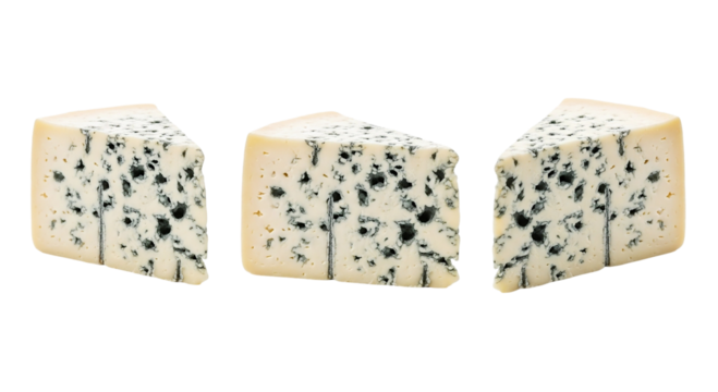 Three Blue Cheese Wedges Gorgonzola Roquefort Gourmet Cheeses Variety Delicious Appetizers on transparent background