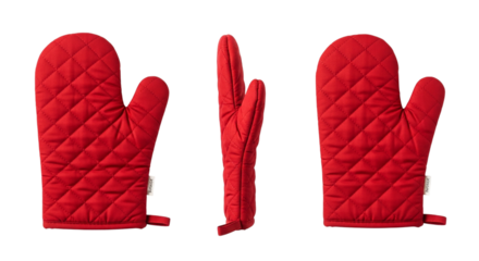 Three Red Quilted Oven Mitts Cooking Baking Kitchen Protective Heat Resistant Mitt Isolated on transparent background