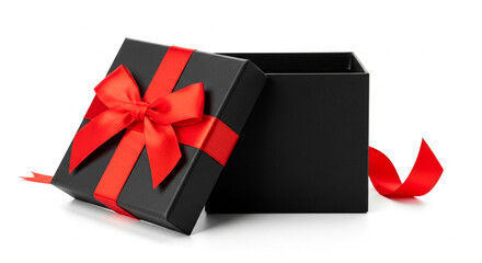 Open Black Gift Box with a Red Satin Bow on an Absolute White Background
