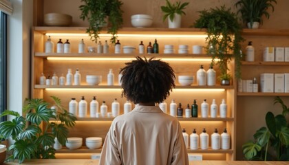 Woman faces shelves of natural hair care bottles in minimalist eco store. Considers organic shampoo, conditioner options in clean, modern, well-lit salon space. Products offer healthy beauty routine.