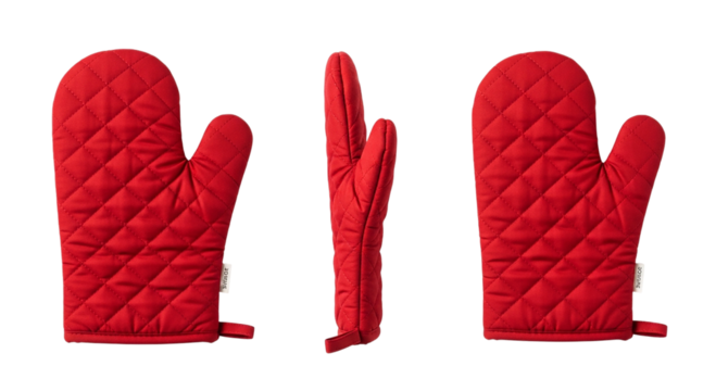 Three Red Quilted Oven Mitts Cooking Baking Kitchen Protective Heat Resistant Mitt Isolated on transparent background
