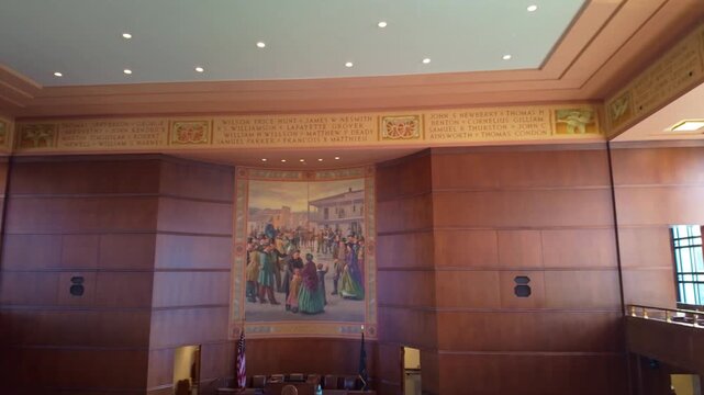 A distinguished interior view of Senate in the Oregon State Capitol in Salem