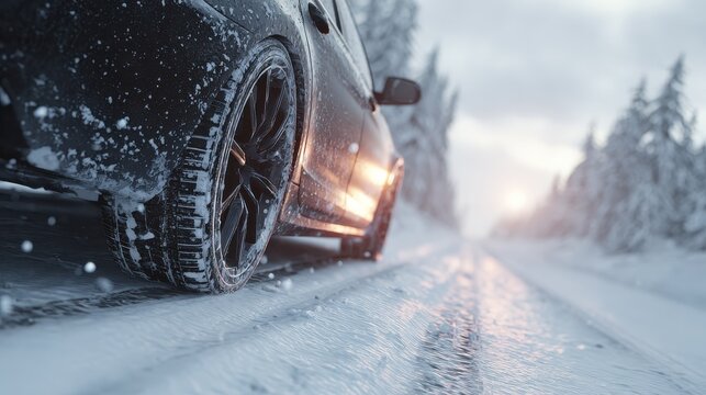 car with winter tires on snowy road