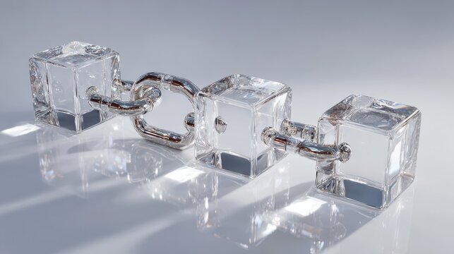 a minimalist composition of four interconnected transparent cubes forming a chain symbolizing concepts like blockchain synergy and secure networks - Powered by Adobe