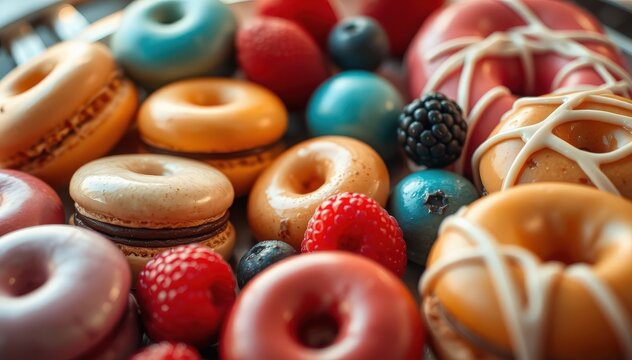 A vibrant display of assorted donuts and fresh berries, perfect for dessert and sweet treat themes.