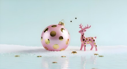 Elegant Pastel Winter Scene with Polka Dot Ornament and Little Stars on Aqua Background
