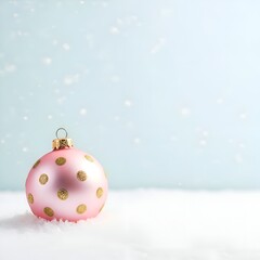 Soft Pink with polkadots Christmas Ornament on Snow with Aqua Background
