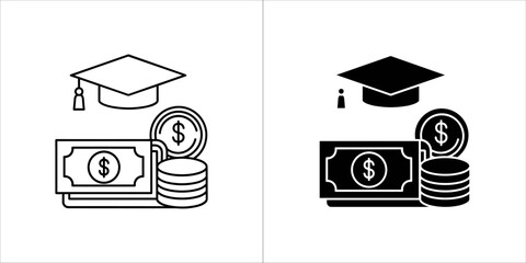 Education finance icon with graduation cap, money, and coins