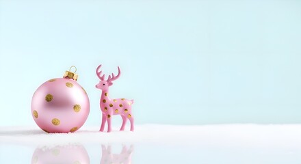Soft Pink Christmas Ornament and Reindeer on Snowy Surface with Aqua Background