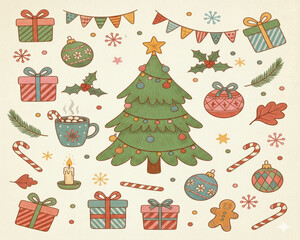 Christmas hand drawn cute vintage doodle elements. Christmas tree, gift, star, bows, candy cane, baubles, cacao, confetti, snowflake, holly. Holiday retro decorations. Vector illustration. 
