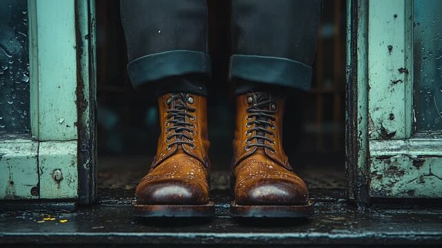 Stylish brown leather boots on a rainy doorstep