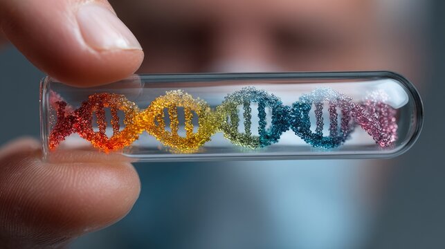 Colorful DNA helix in glass test tube symbolizing genetic research