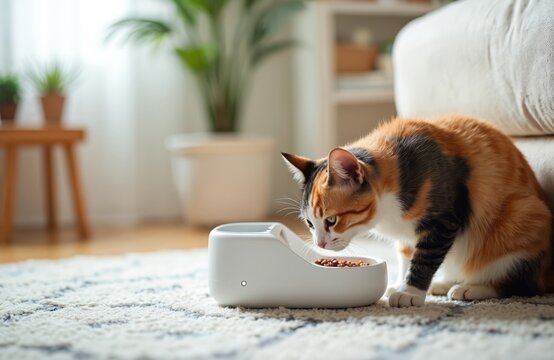 Calico cat eats dry food from automated smart pet feeder in a modern apartment. Pet owner uses tech for pet care, healthy cat diet, controlled portions, and convenient meal times.