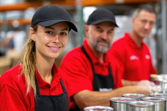 Food Factory Workers in Red Uniforms Smiling