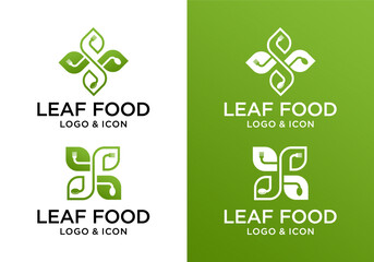 Vector logo icon design of a leaf with a spoon and fork. Healthy food logo
