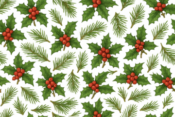 Christmas seamless pattern featuring holly leaves, red berries, and pine needles over transparent background, repeating winter holiday design