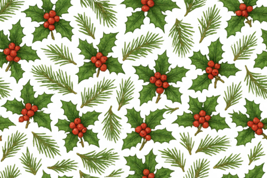 Christmas seamless pattern featuring holly leaves, red berries, and pine needles over transparent background, repeating winter holiday design