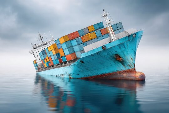 Cargo ship with colorful containers tilting on sea