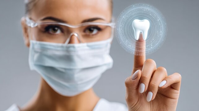 Dentist pointing at digital tooth hologram