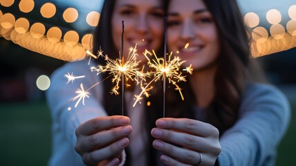 Two people holding sparklers celebrating festive night with lights and joy symbolizing happiness 
