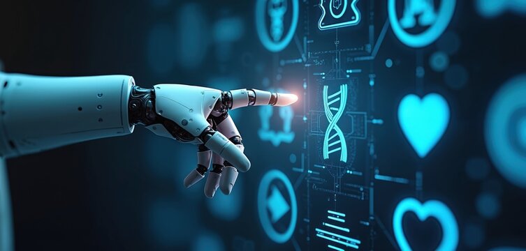 Robot hand points to glowing DNA icon on futuristic interface. AI medicine, healthcare, and biotech digital concept. Future health analysis. Medical science.