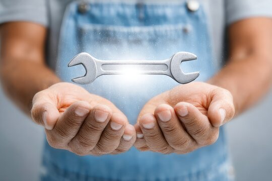 Mechanic holding floating glowing wrench tool