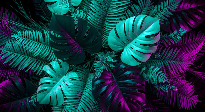 Lush tropical foliage with vibrant neon lighting, showcasing the beauty of nature in a surreal and captivating way