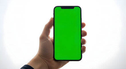 Hand holding smartphone with green screen isolated on white background for app promotion, product display, or advertising content creation