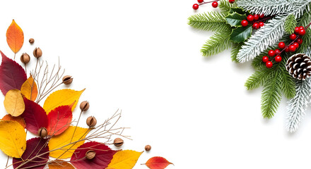 Fototapeta premium Autumn and winter composition with colorful leaves, pine branches, berries, and pine cones isolated on white background for seasonal decoration