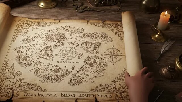 Revealing a fantasy world map on an adventurer's desk. The scroll shows the Isles of Eldritch Secrets and a central maelstrom. Slow panning shot.