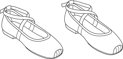 Ballet flats, women shoes, CAD drawing, technical sketch, fashion footwear, vector template, stylish flat shoes, product design, dance shoes, side view