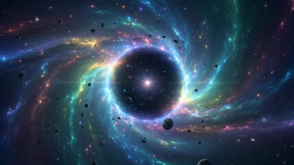 Cosmic vortex with a bright central star pulling in asteroids. Colorful nebula swirling around a black hole in deep space. Science fiction concept of interstellar travel. Stable wide shot. - Powered by Adobe