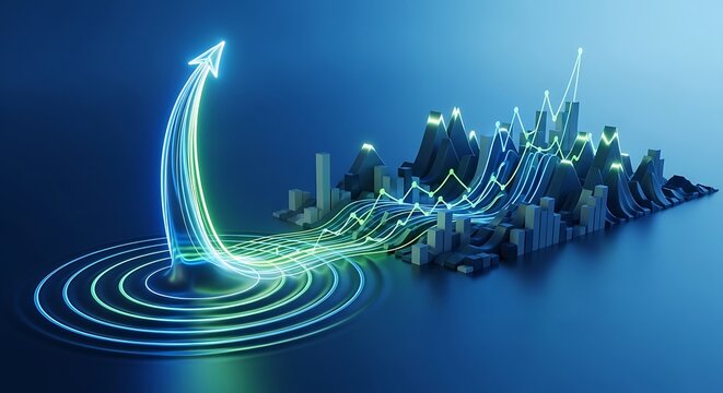 Glowing arrow rising from circles to a financial graph landscape